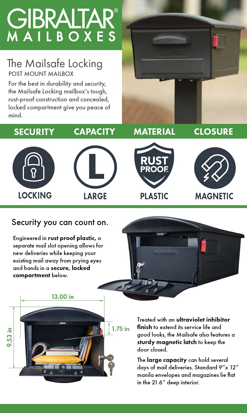 Gibraltar Mailboxes Mailsafe Large, Plastic, Locking, Post Mount Mailbox, BlackRSKB0000 The